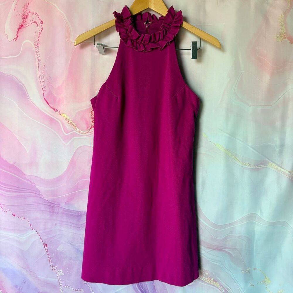 Trina Turk 2 Magenta Dobbie Ruffled Neck Mini Dress Luxury Designer Preppy Girly